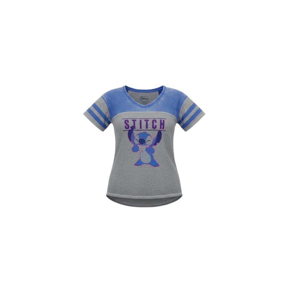 Disney Graphic Tee Womens Medium Gray Blue Stitch V-Neck High-Low Striped Sleeve